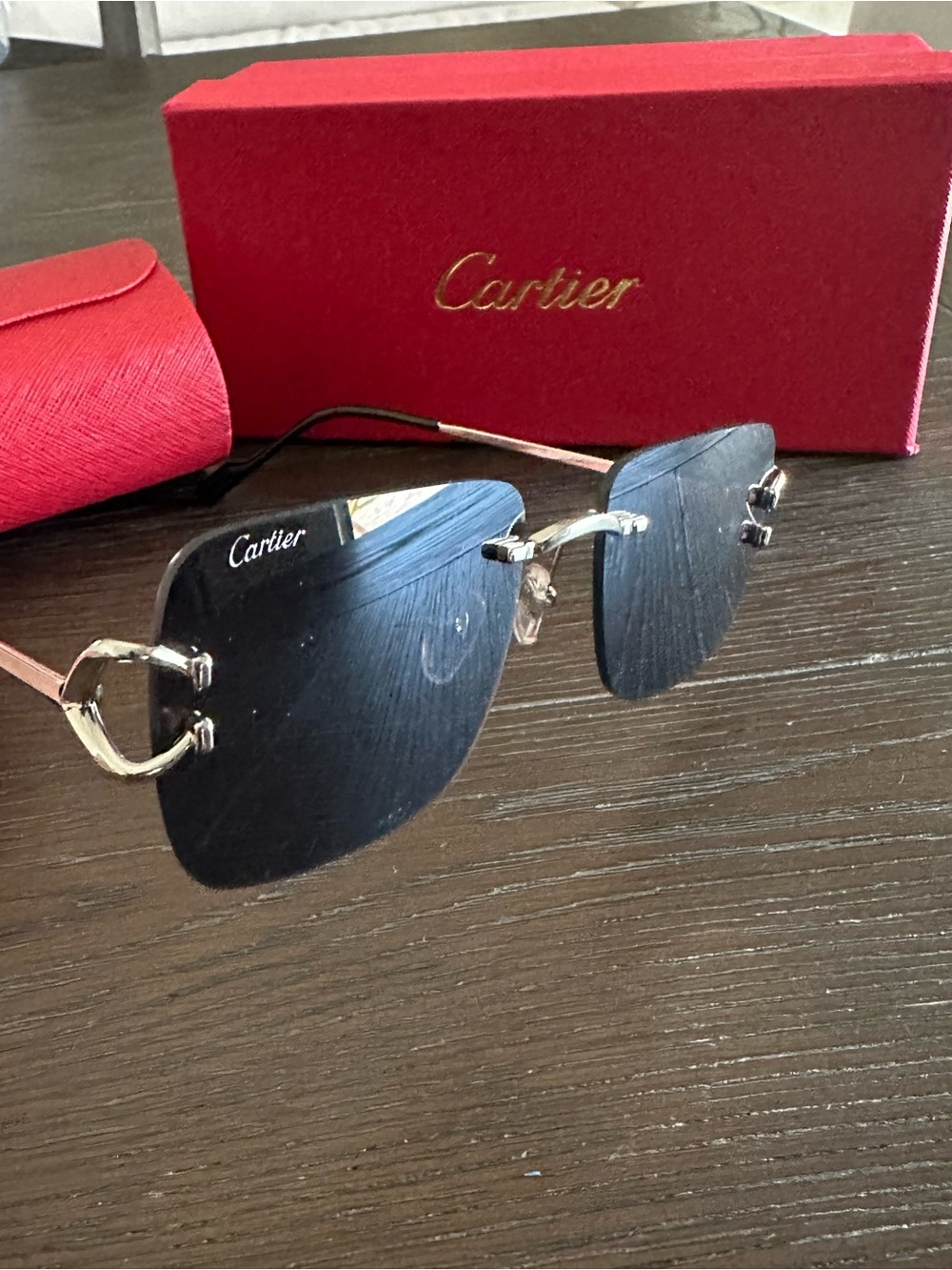 Cartier Men's Rimless Sunglasses with Black Lenses and Silver Accents - Picture 4 of 7
